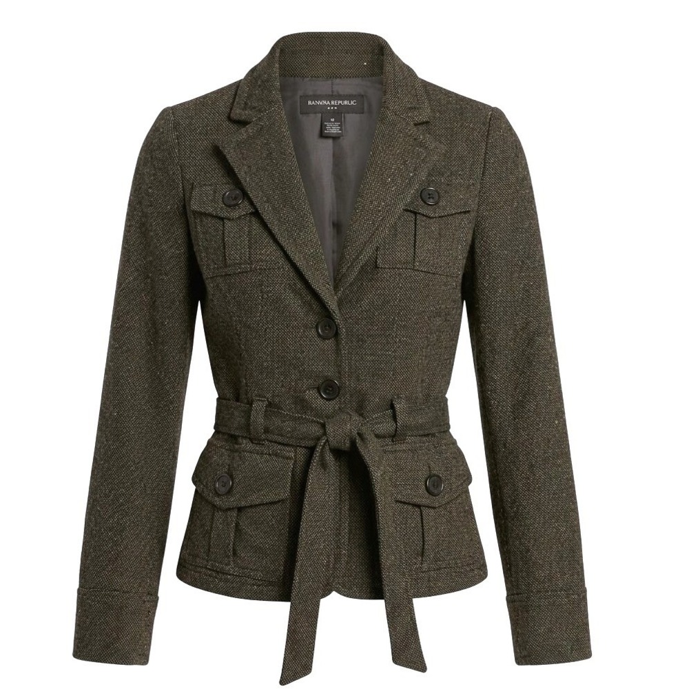 Banana Republic Women Olive Green Wool Silk Tweed Equestrian Belted Blazer 0